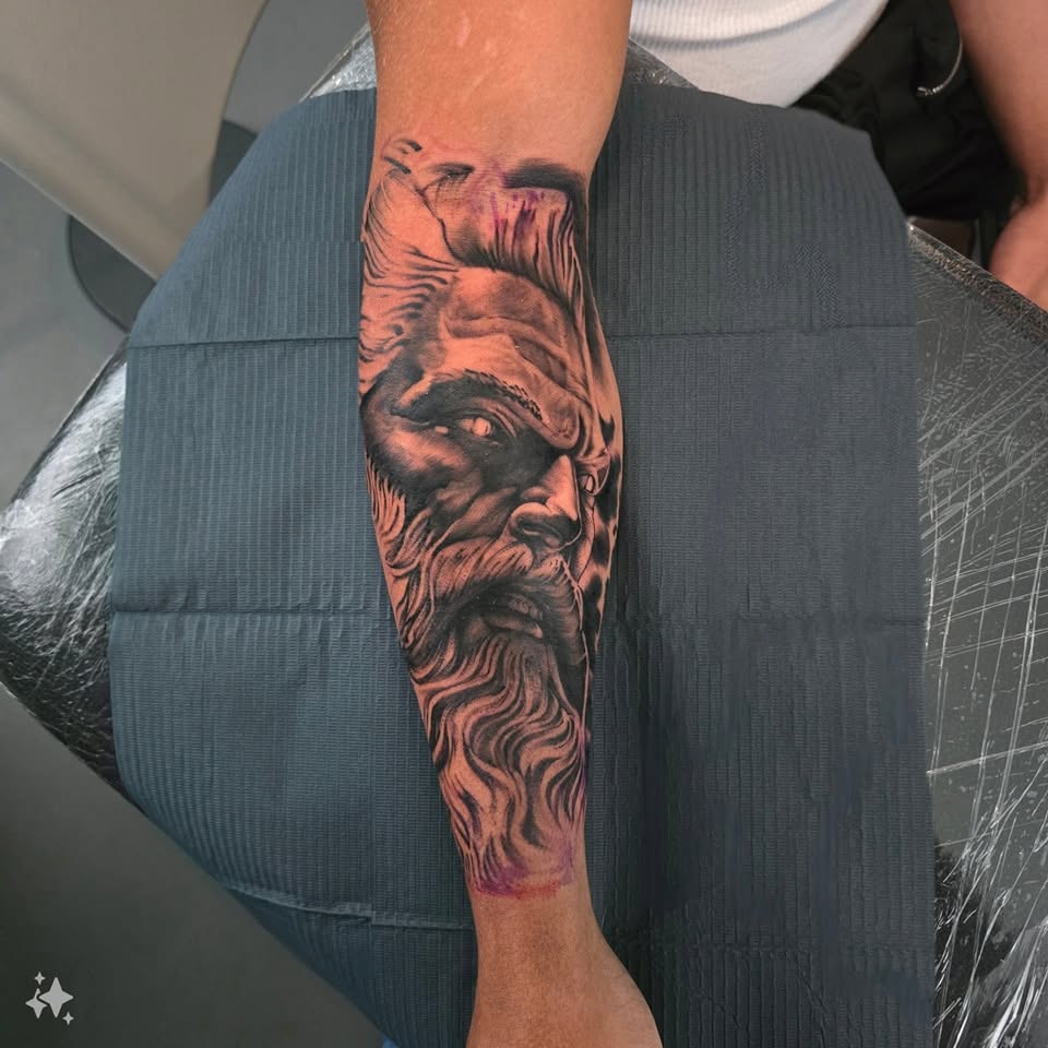 Black and grey Zeus forearm tattoo by Billy Smith