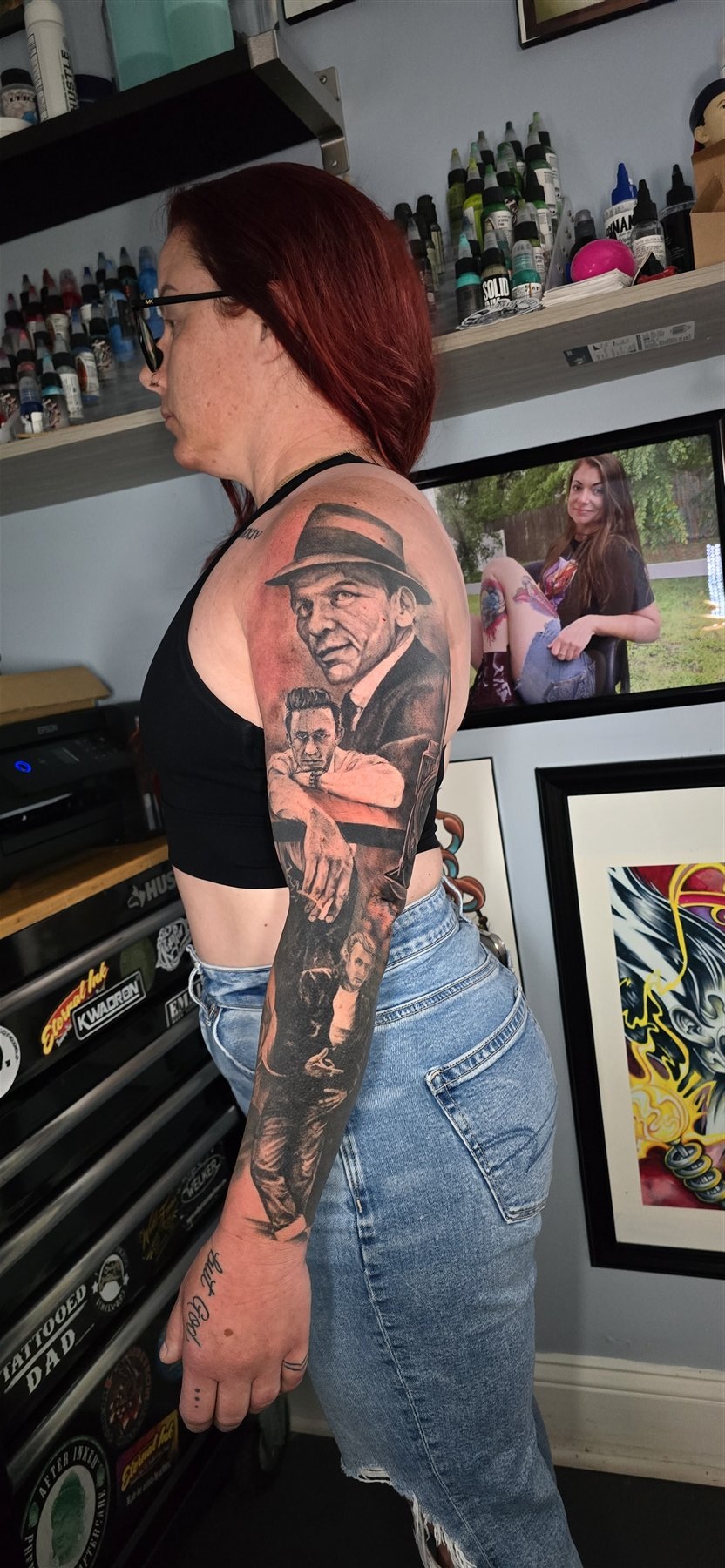 Black and grey classic cinema portrait sleeve tattoo by Billy Smith