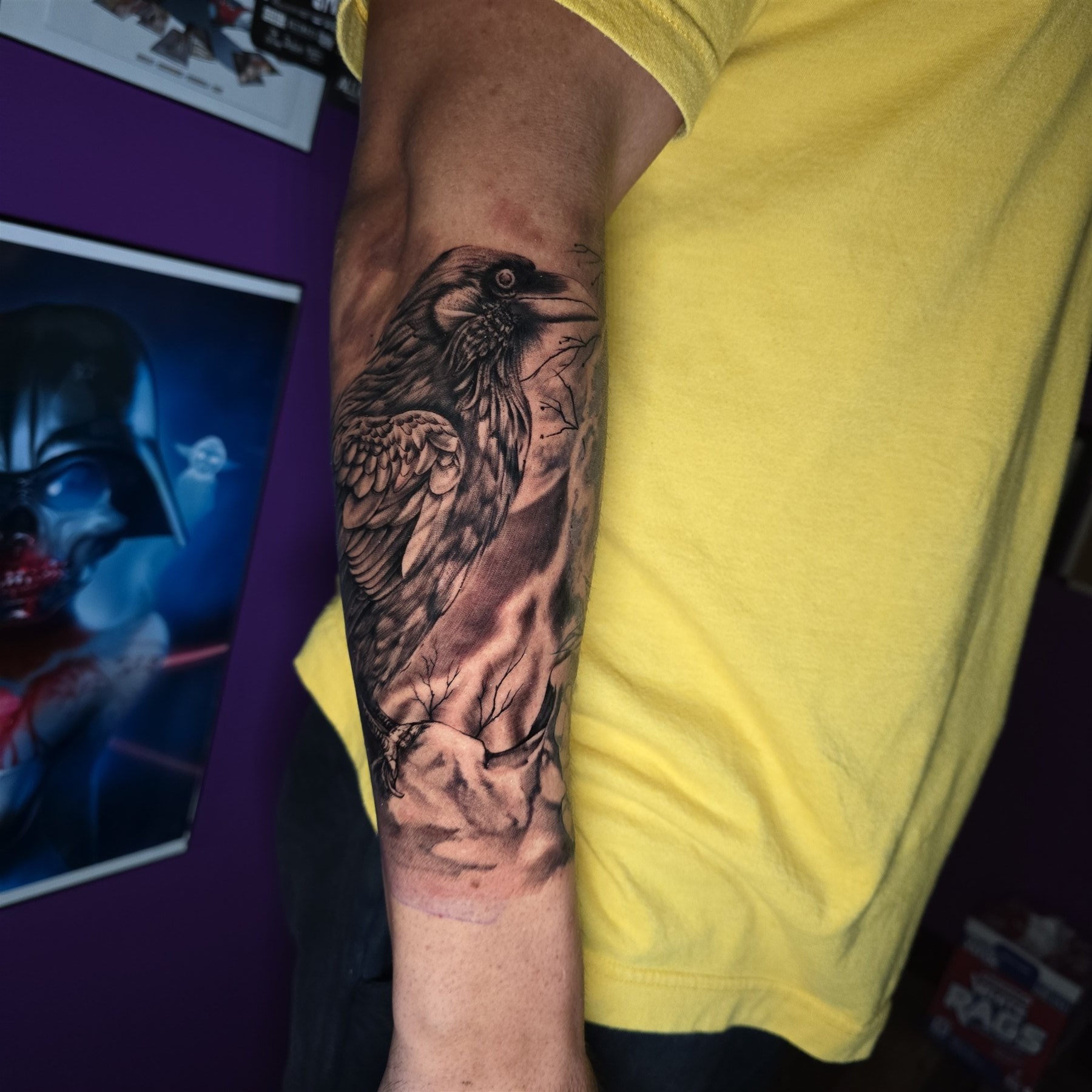 Black and grey raven realism tattoo by Billy Smith