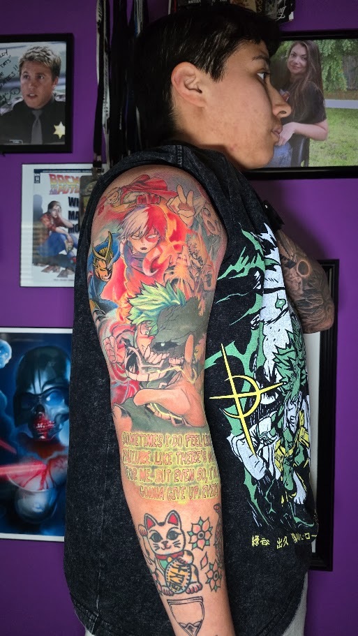 Full color My Hero Academia anime sleeve tattoo by Billy Smith