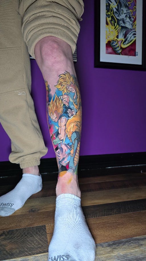 Inner view of a full color Dragon Ball Z leg sleeve tattoo by Billy Smith