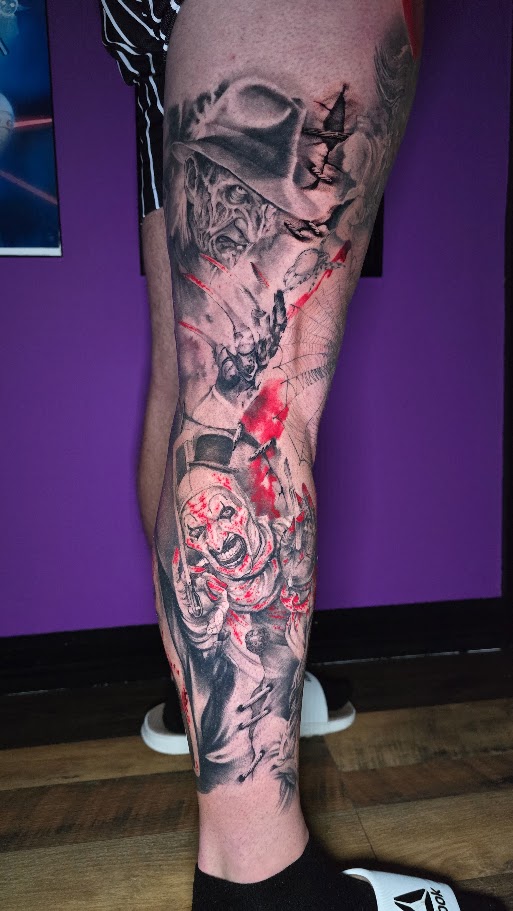 Black and grey nightmare horror leg sleeve with red accents by Billy Smith