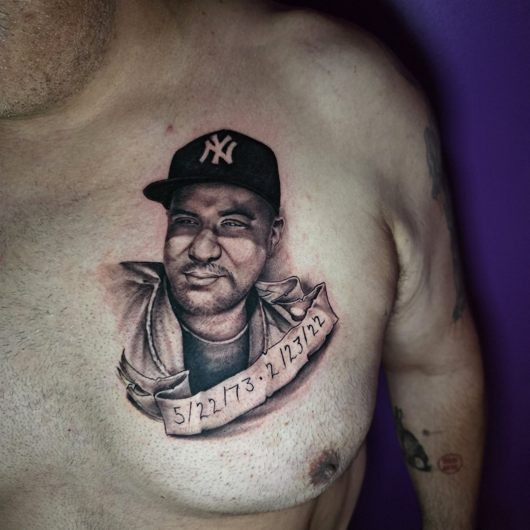Black and grey memorial portrait tattoo by Billy Smith