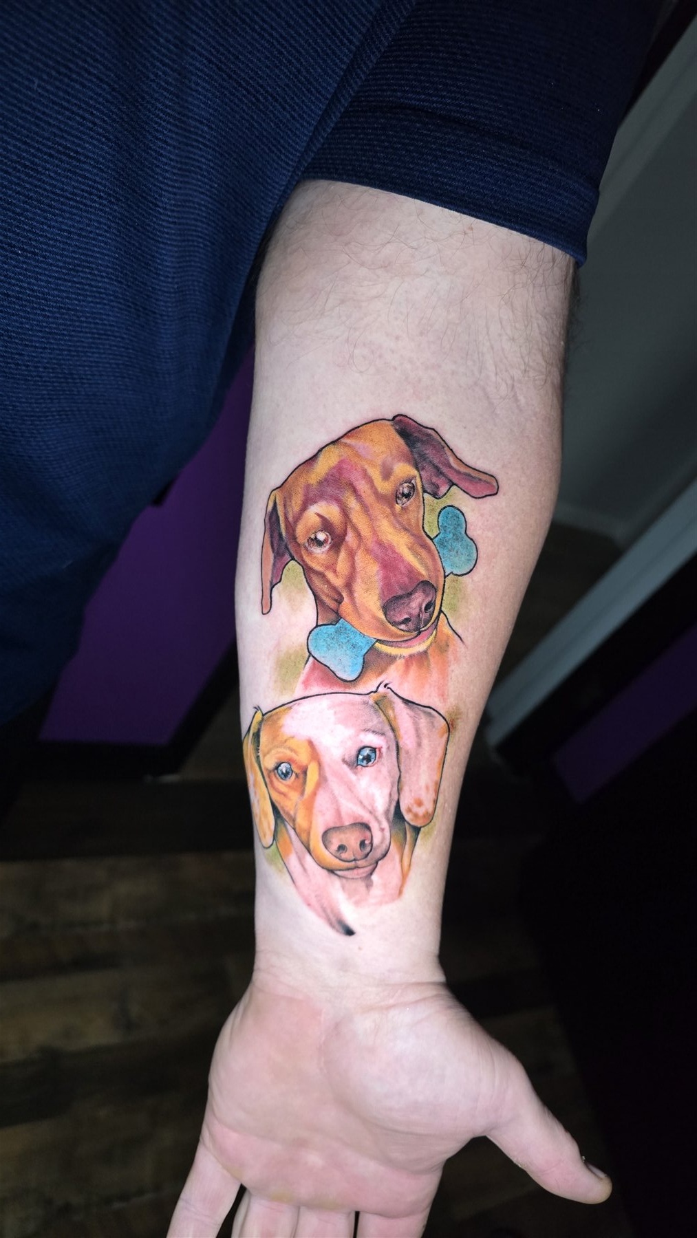 Full color pair of pet portrait tattoos by Billy Smith